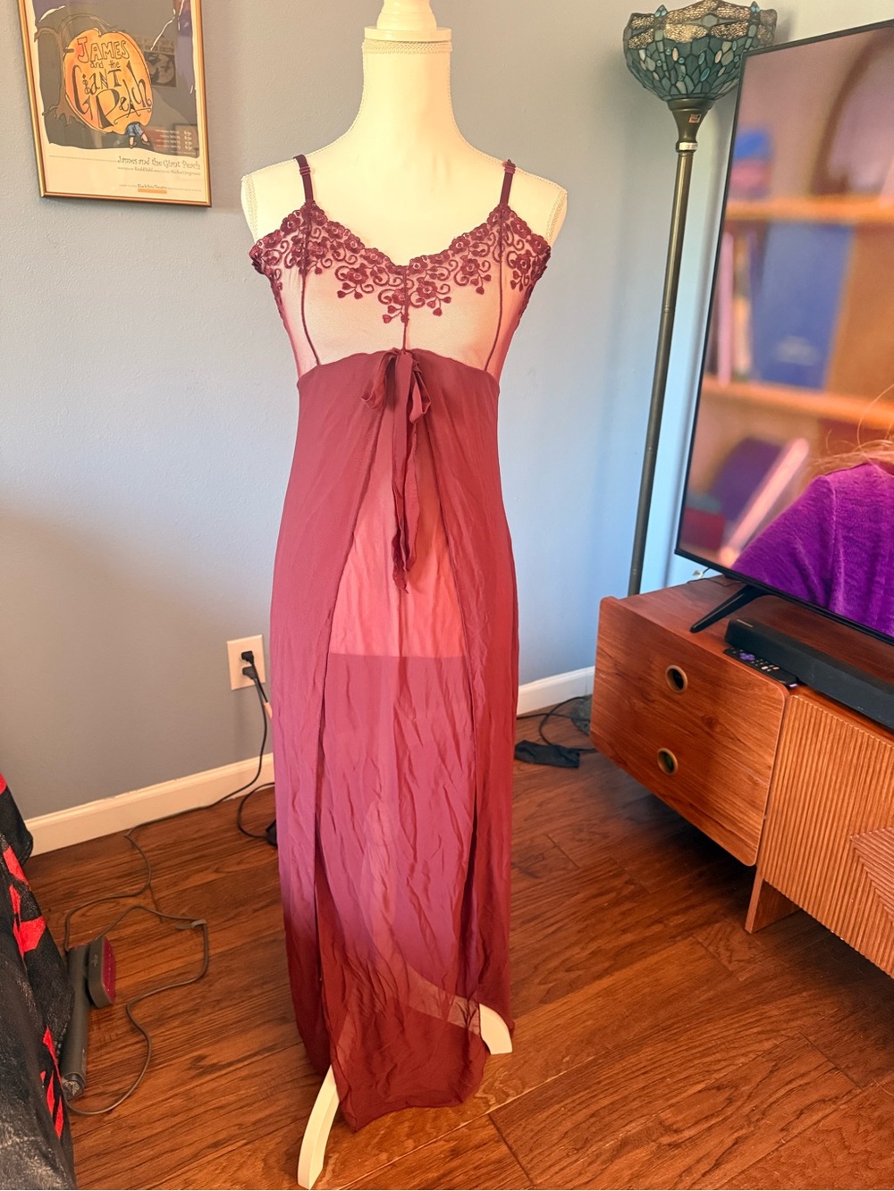 VENUS Burgundy Sheer Lace-Trim Long Chemise